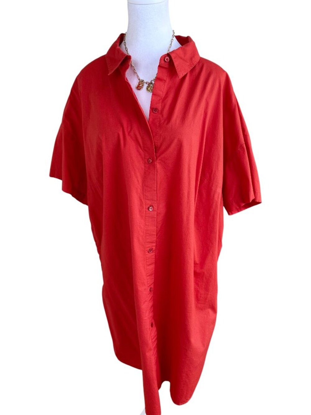 Eileen Fisher Dress Button Front Organic Cotton Short Sleeve Orange Red (1X)